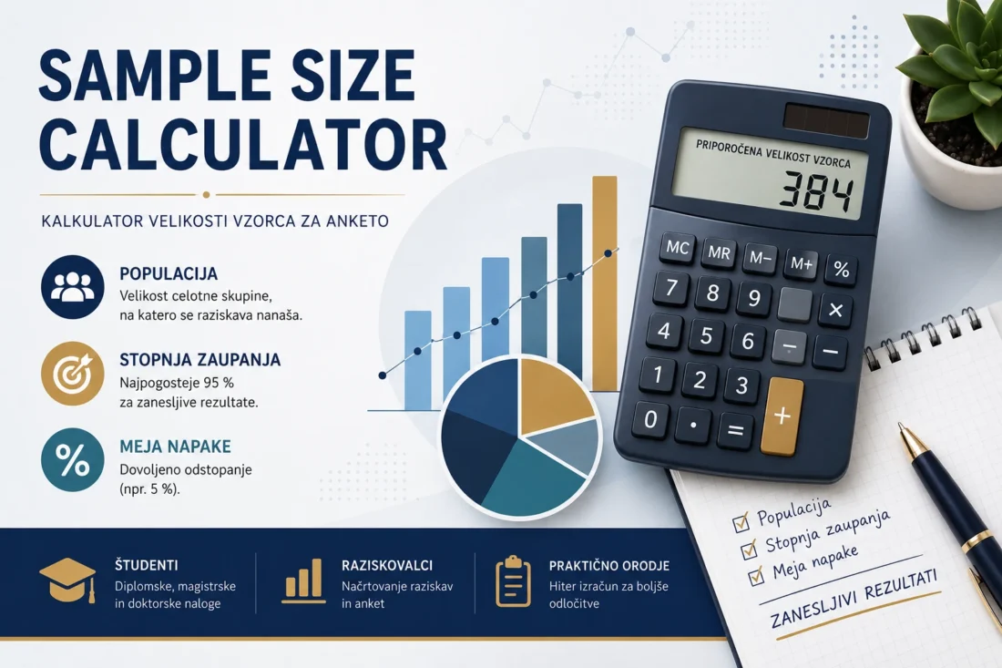 Sample Size Calculator, kalkulator velikosti vzorca za anketo z elementi populacije, stopnje zaupanja in meje napake.